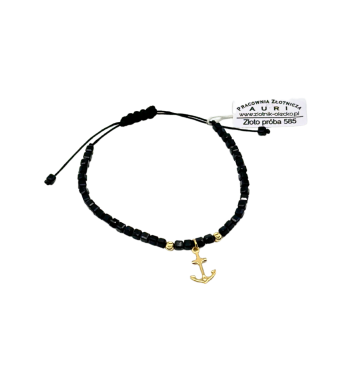 Bransoletka czarne koraliki z kotwicą, złoto 585 – regulowana, ręcznie robiona | Auri Złotnik