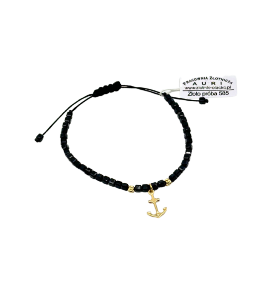 Bransoletka czarne koraliki z kotwicą, złoto 585 – regulowana, ręcznie robiona | Auri Złotnik