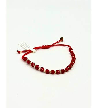 Bransoletka z czerwonymi koralikami i i złotem 585 – regulowana, ręcznie robiona | Auri Złotnik