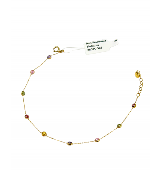 Piękna Złota Bransoletka z kolorowymi cyrkoniami, próba 585 14k, regulowana