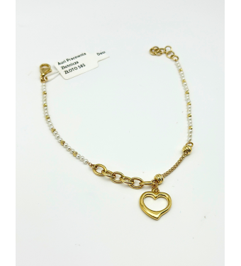 Piękna Złota Bransoletka z białymi perełkami, złotymi koralikami i zawieszką w kształcie serca, próba 585 14k, regulowana
