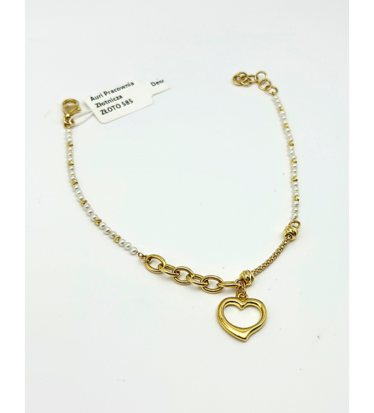 Piękna Złota Bransoletka z białymi perełkami, złotymi koralikami i zawieszką w kształcie serca, próba 585 14k, regulowana
