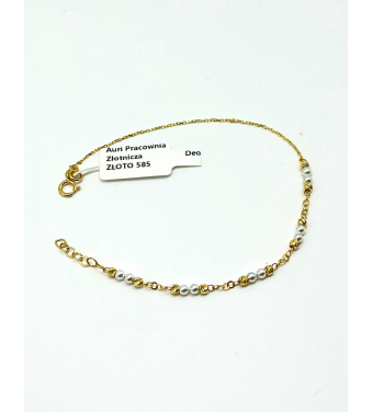 Piękna Złota Bransoletka z białymi perłami, próba 585 14k, regulowana