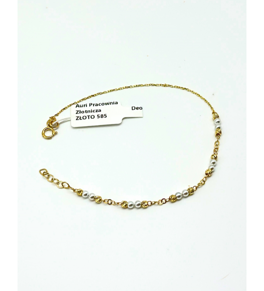 Piękna Złota Bransoletka z białymi perłami, próba 585 14k, regulowana