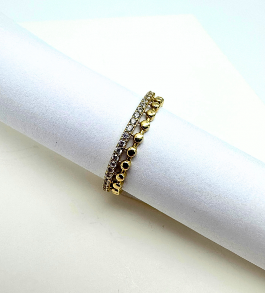 Złoty pierścionek z białymi cyrkoniami i złotymi kuleczkami, złoto próby 585, 14k